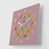 ヒッピー平和サイン花 スクエア壁時計 (傾斜)