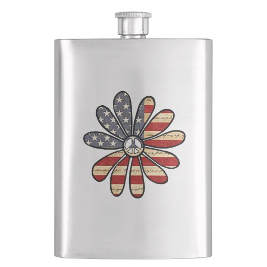 ヒッピー花パワー平和サインアメリカ国旗 フラスク (正面)