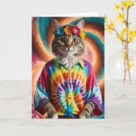 ヒッピー虎猫 カード (黄色い花)