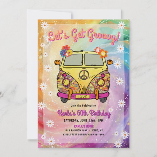 ヒッピー誕生日パーティーの招待とゲーム 招待状 (正面)