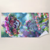 ヒッピー鮮やかスケルトンフローラクラウンガーランド ビーチタオル (正面)