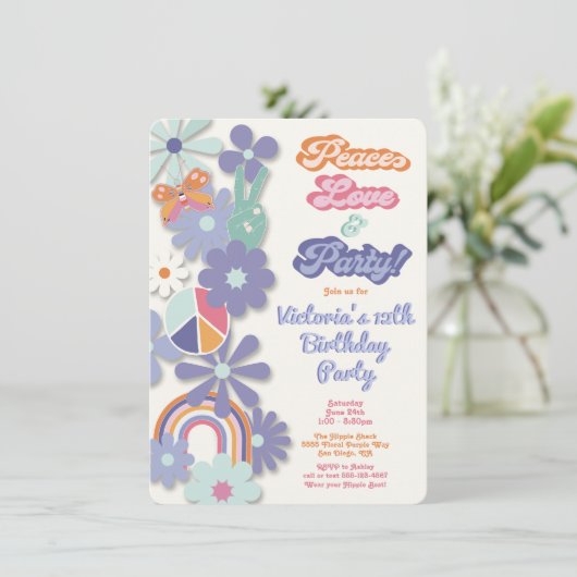 ヒッピー1960年代の1970年代の平和の愛とパーティー誕生日 招待状 (スタンド正面)