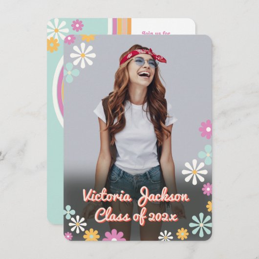 ヒッピー1960年代1970年代のフラワーパワー写真卒業 招待状 (正面/裏面)