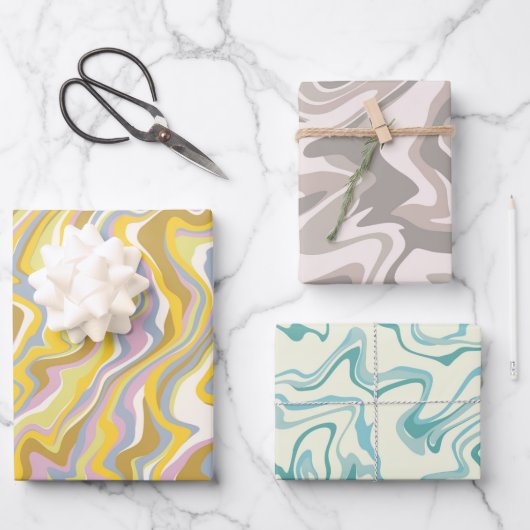 ヒッピー70s緑の大理石の液体スワールBohoパターン ラッピングペーパーシート (正面)