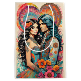 ヒッピー・カップルとサイケデリックハート ミディアムペーパーバッグ