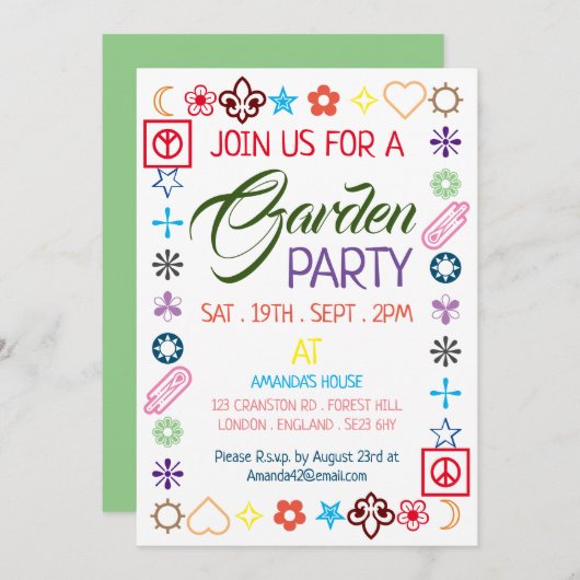 ヒッピー シックに装飾されたガーデンパーティー 招待状 (正面/裏面)