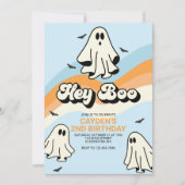ヒッピー ハロウィン レトロ ゴースト ヘイ ブー 青 招待状 (正面)