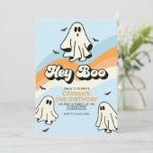 ヒッピー ハロウィン レトロ ゴースト ヘイ ブー 青 招待状 (スタンド正面)
