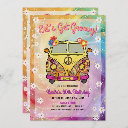 ヒッピー・バースデー・パーティーの招待状とゲーム 招待状 (正面/裏面)