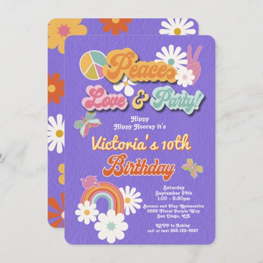 ヒッピー・フラワー・パワー70s 60s誕生日パーティーが招待 招待状 (正面/裏面)