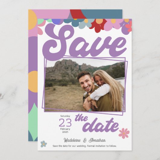 ヒッピー・レトロヴィンテージフローラフラワーパワーgroovy セーブザデート (正面/裏面)