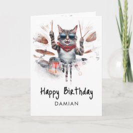 *~* ヒップでクールなキャットドラマー AP91 誕生日カード サンキューカード