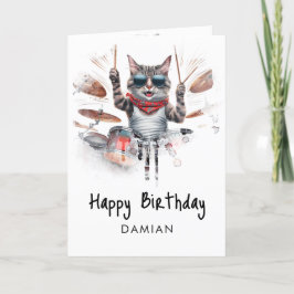 *~* ヒップでクールなキャットドラマー AP91 誕生日カード サンキューカード