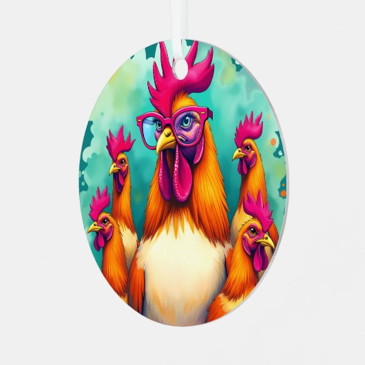 ヒップスターおもしろいルースターレトロアポップ・アートのートイラストレーション メタルオーナメント (正面左)