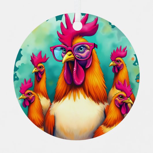 ヒップスターおもしろいルースターレトロアポップ・アートのートイラストレーション メタルオーナメント (正面)