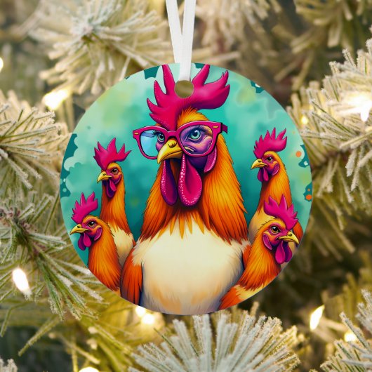 ヒップスターおもしろいルースターレトロアポップ・アートのートイラストレーション メタルオーナメント (インサイチュ)