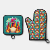 ヒップスターおもしろいルースターレトロアポップ・アートのートイラストレーション 鍋つかみ&鍋敷きセット (正面)