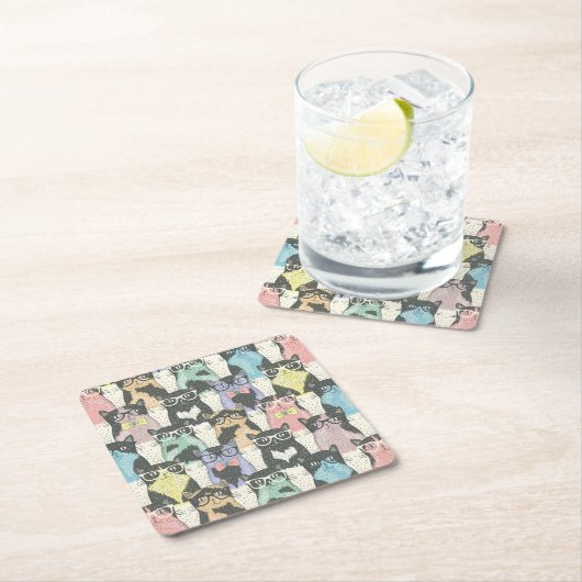 ヒップスターかわいい猫パターン スクエアペーパーコースター (インサイチュ)