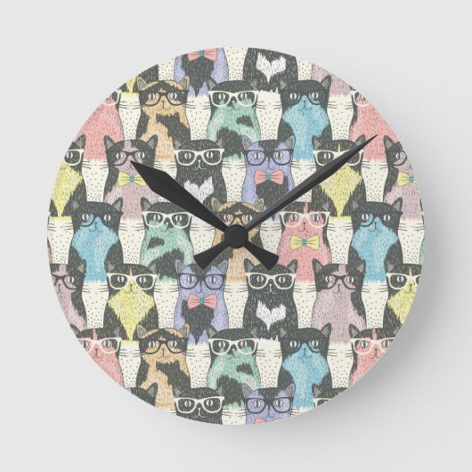 ヒップスターかわいい猫パターン ラウンド壁時計 (正面)
