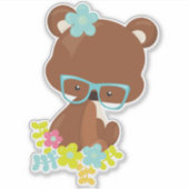 ヒップスターのクマ、メガネ付きクマ、カラフル花 シール (正面)