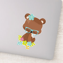 ヒップスターのクマ、メガネ付きクマ、カラフル花 シール