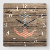 ヒップスターのストライプのいかりの素朴な木製の写真のプリント スクエア壁時計 (正面)