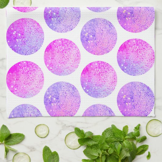 ヒップスターのピンクの紫色のフェイクなグリッターの水玉模様 キッチンタオル (折り畳み)