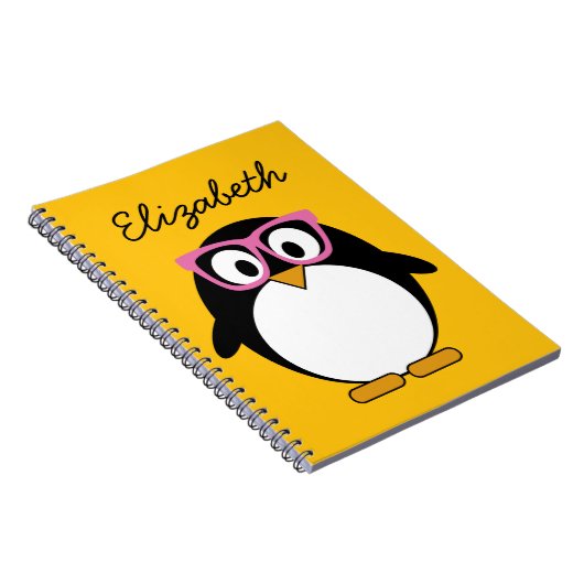 ヒップスターのペンギン-かわいい漫画の黄色のピンク ノートブック (右側)