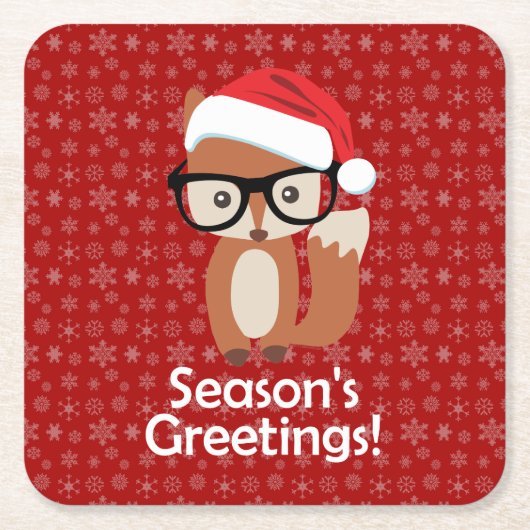 ヒップスターの休日のキツネガラスのかわいい動物のクリスマス スクエアペーパーコースター (正面)