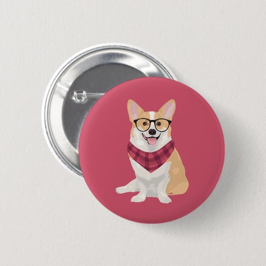 ヒップスターの格子縞のペンブロークのウェルシュコーギーが後をつけるチャーリー 缶バッジ (正面&裏面)