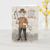 ヒップスターキャット魚釣りをテーマにしたおもしろい誕生日 カード (黄色い花)