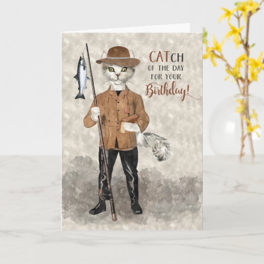 ヒップスターキャット魚釣りをテーマにしたおもしろい誕生日 カード (黄色い花)