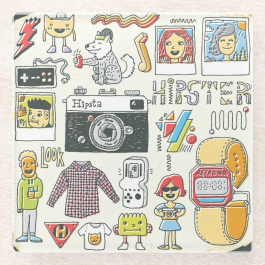 ヒップスタースワッグ：手描きドードルセット ガラスコースター (正面)