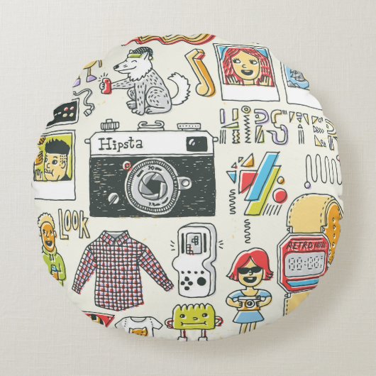 ヒップスタースワッグ:手描きドードルセット ラウンドクッション (正面)