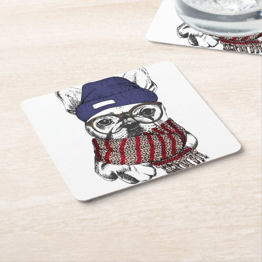ヒップスターフレンチブルドッグ スクエアペーパーコースター (アングル)