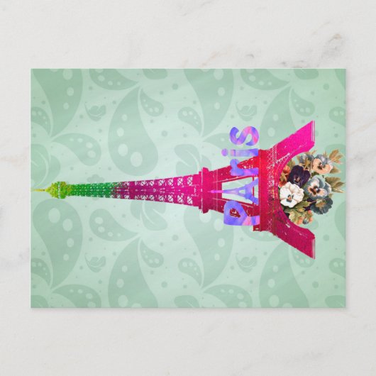 ヒップスターペイズリーネオンフランスのパリエッフェルタワー ポストカード (正面)