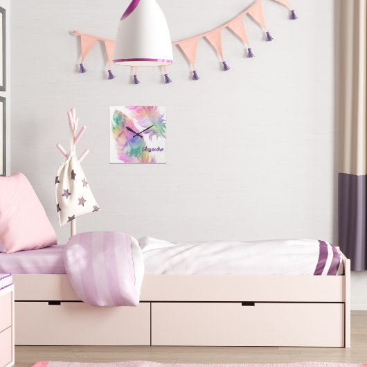 ヒップスターレインボーフェザークロック スクエア壁時計