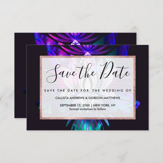 ヒップスターレトロテックティール(緑がかった色)パープルロータスフラワーリーフ セーブザデート (正面/裏面)