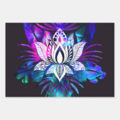 ヒップスターレトロテックティール(緑がかった色)パープルロータスフラワーリーフ ラッピングペーパーシート (正面3)