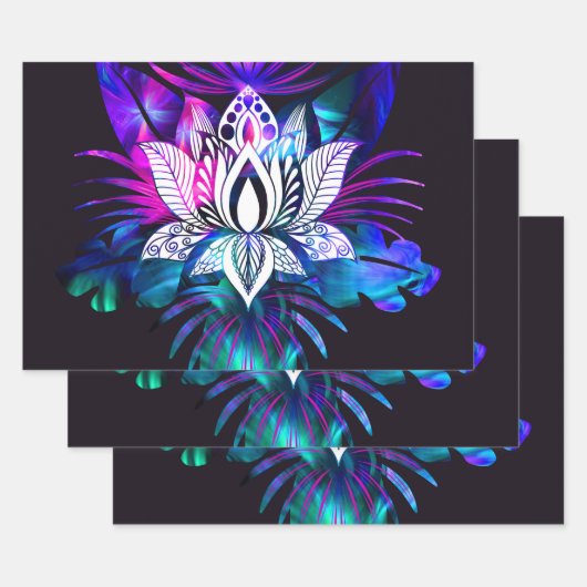 ヒップスターレトロテックティール(緑がかった色)パープルロータスフラワーリーフ ラッピングペーパーシート (セット)