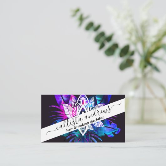 ヒップスターレトロテックティール（緑がかった色）パープルロータスフラワーリーフ 名刺 (スタンド正面)