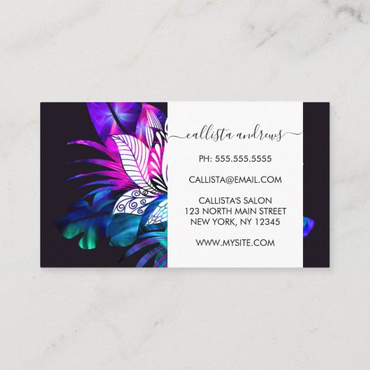 ヒップスターレトロテックティール（緑がかった色）パープルロータスフラワーリーフ 名刺 (裏面)