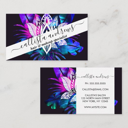 ヒップスターレトロテックティール(緑がかった色)パープルロータスフラワーリーフ 名刺 (正面/裏面)