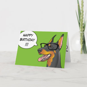 ヒップスター犬の誕生日のドーベルマン犬のギークの漫画カード カード