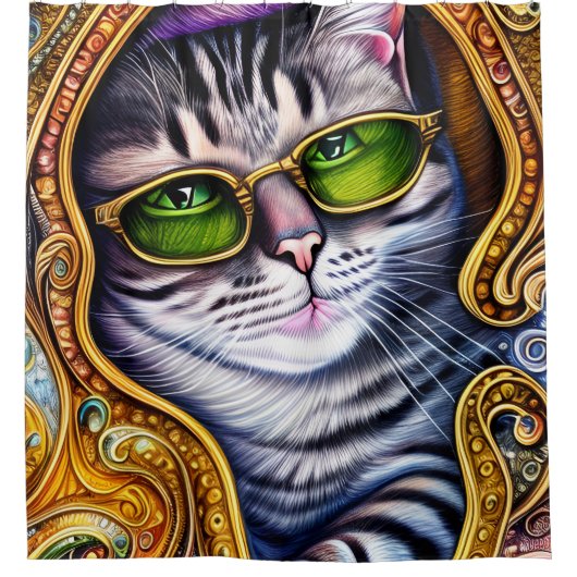 ヒップスター猫を着たかわいい眼鏡 シャワーカーテン (正面)