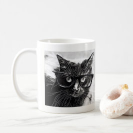 ヒップスター猫! 特大黒いガラスを持つ黒猫 コーヒーマグカップ