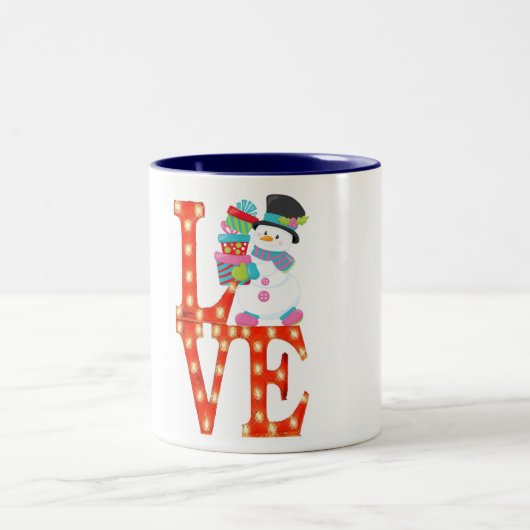 ヒップスター雪だるまプレゼント愛メリークリスマス ツートーンマグカップ (中央)