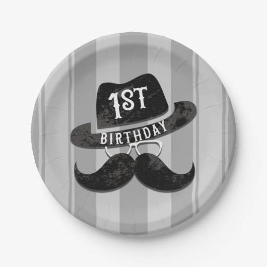 ヒップスター おじさん ヒゲ 帽子 眼鏡 1歳 誕生日 ペーパープレート (正面)