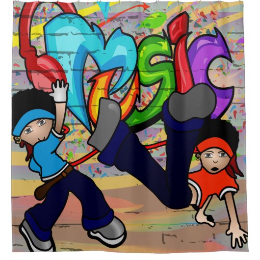 ヒップホップのブレイクダンスは落書きの背景をからかいます シャワーカーテン (正面)