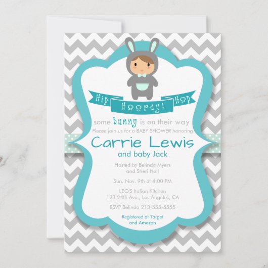 ヒップホップのHoorayバニーの男の子のベビーシャワーの招待状 招待状 (正面)